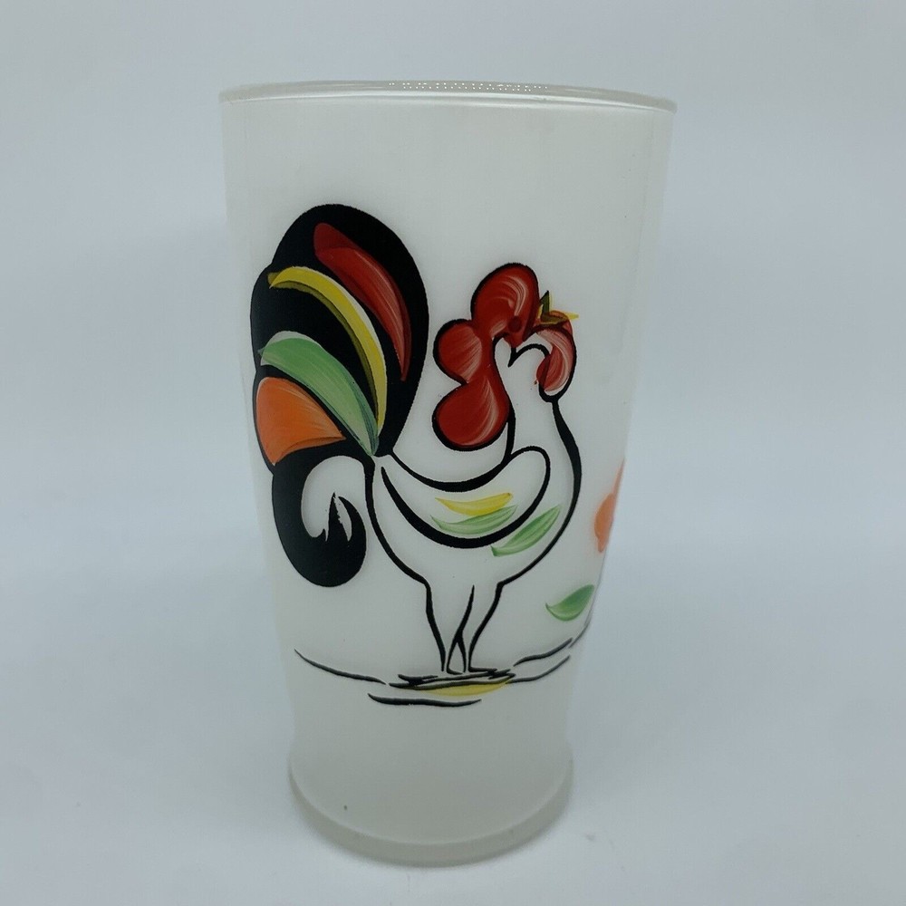 Bartlett Collins Proud Rooster Glass Cup  5" Tall Frosted White MCM Tumbler Vtg